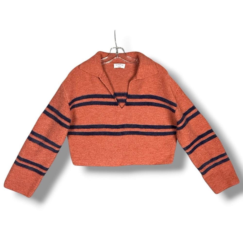 Buttermelon Rust/Navy Cropped V-Neck Collar Sweater Women's Small Double Stripe